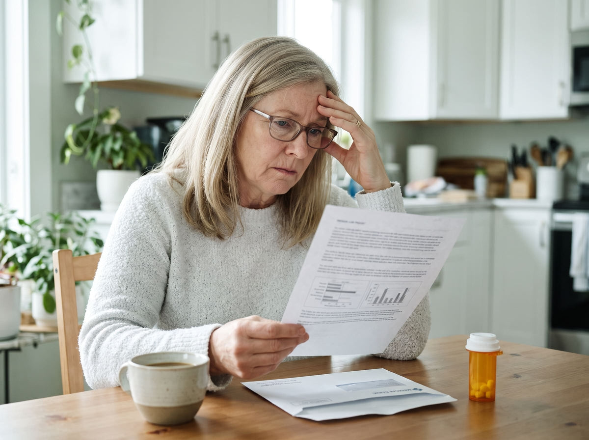 Worried woman at her kitchen table reading her blood test results